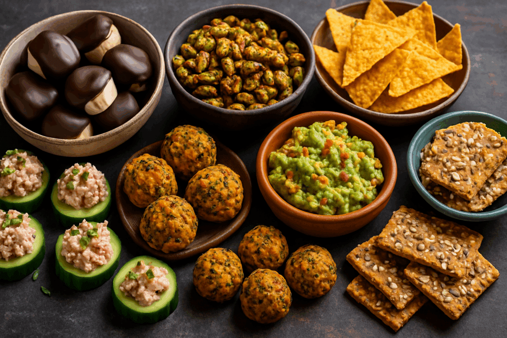 Creative assortment of globally inspired top rated healthy snacks for weight loss, such as dark chocolate banana bites and edamame.