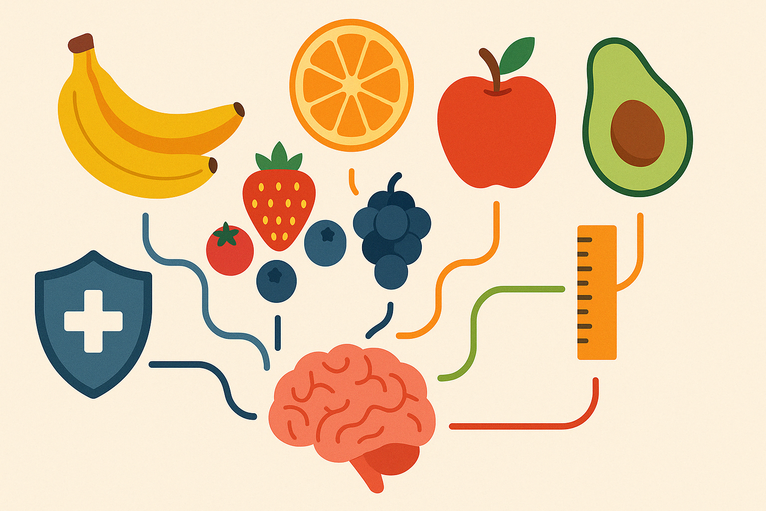 Illustrated connections between different fruits and child health benefits, visually explaining the varied nutrients of fruit without using any text