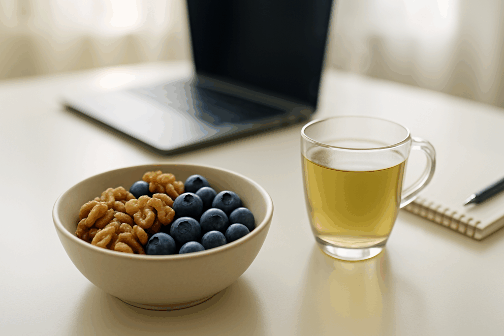 "Desk setup with walnuts, blueberries, and green tea arranged as the best snacks to eat for mental focus and brain clarity."