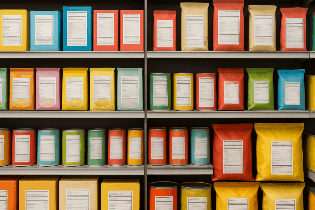 Magnified view of allergen disclosures and additives placed underneath main ingredients, expanding on the order of food label details.