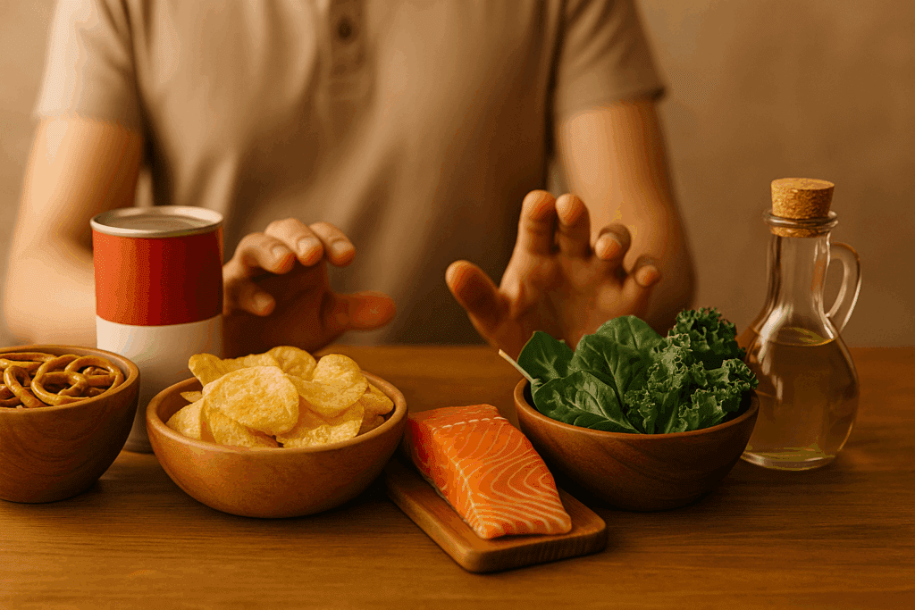 Contrast between salty processed foods and heart-healthy choices as seen through the lens of a nutrition chart