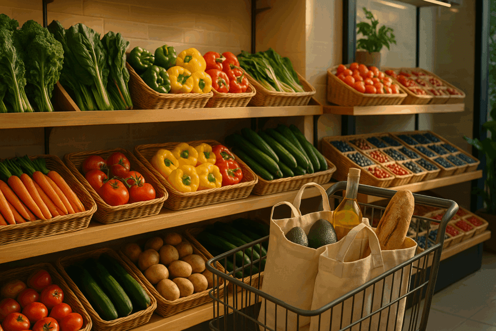 Diverse dietary groceries including plant-based, diabetic-friendly, and kid-approved items arranged visually to reflect a personalized healthy food list grocery solution