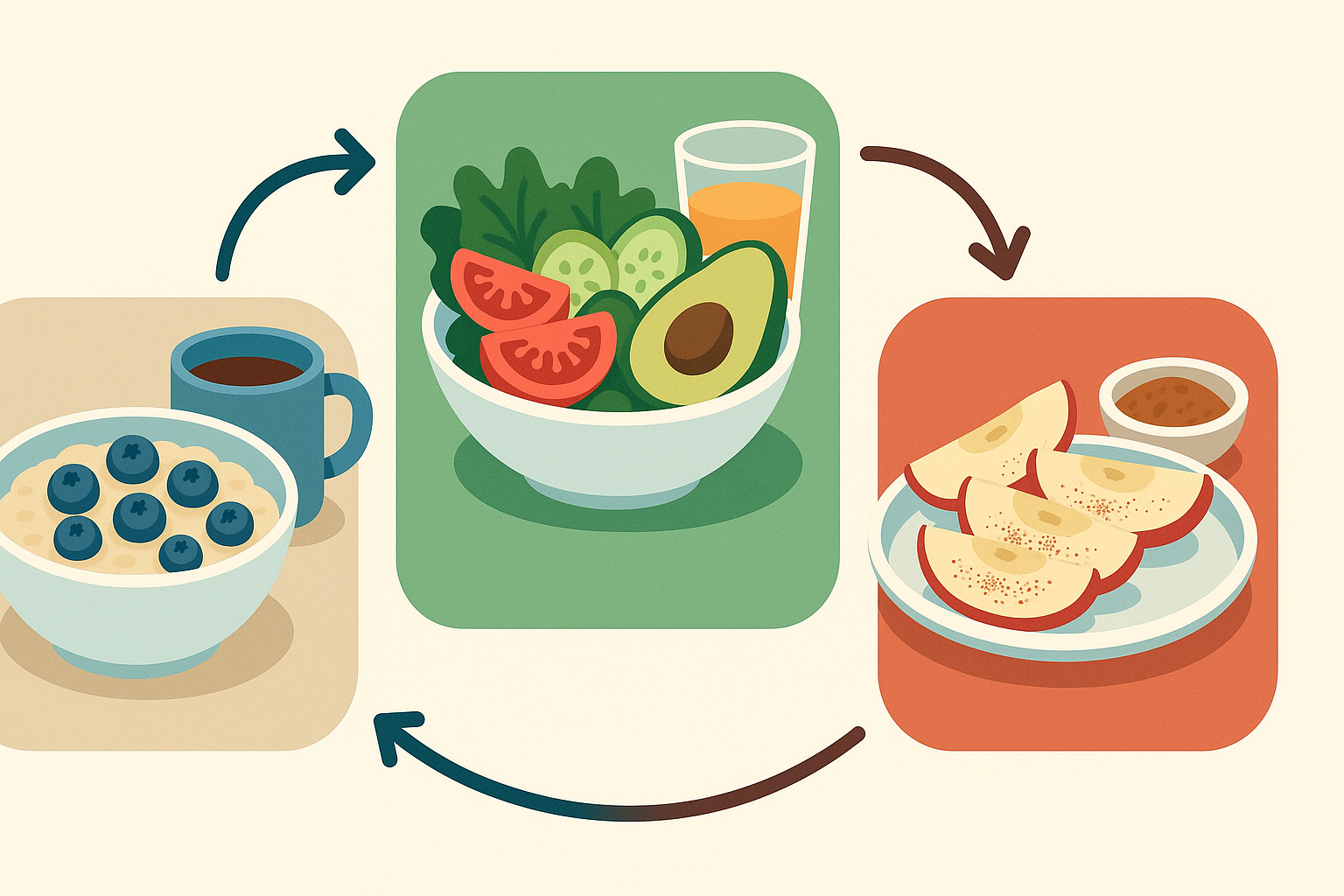 Three daily meals—oatmeal with blueberries, salad with avocado, and snacks with apple slices—visually demonstrating how to eat what are the 3 fruits every day.
