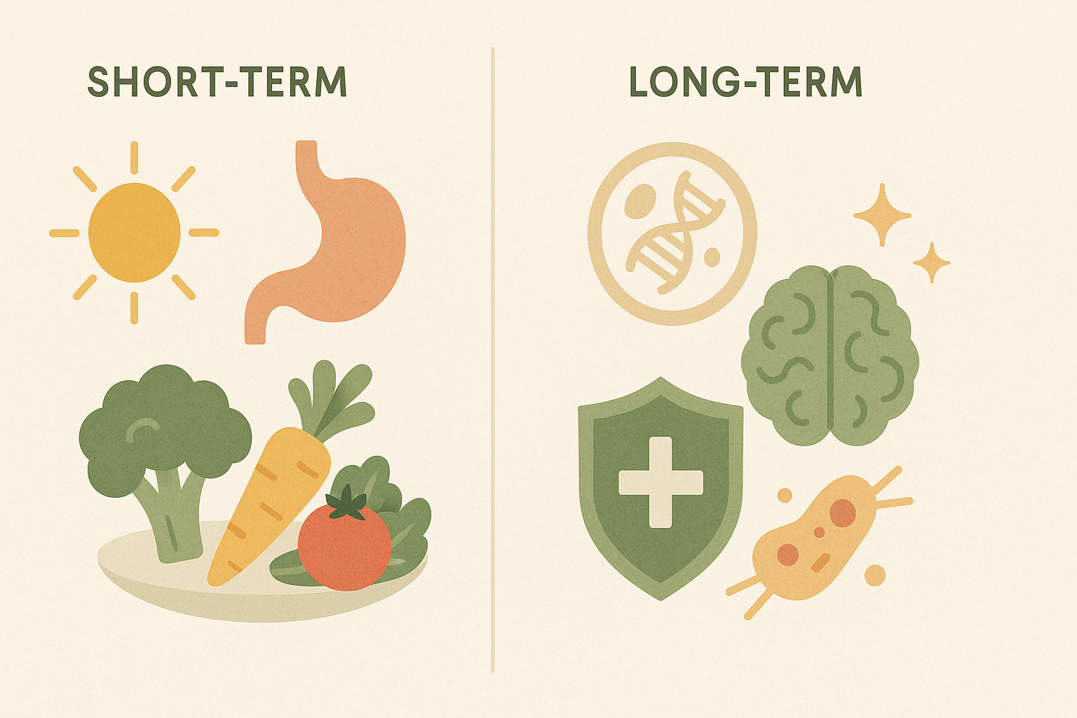 Visual comparison of short-term and long-term wellness benefits emphasizing what are 3 health fact for vegetables across the lifespan.