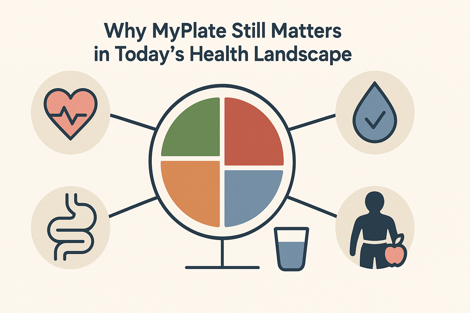 Infographic-style layout with icons representing health benefits from balanced eating, tied to which government agency created MyPlate guidelines.