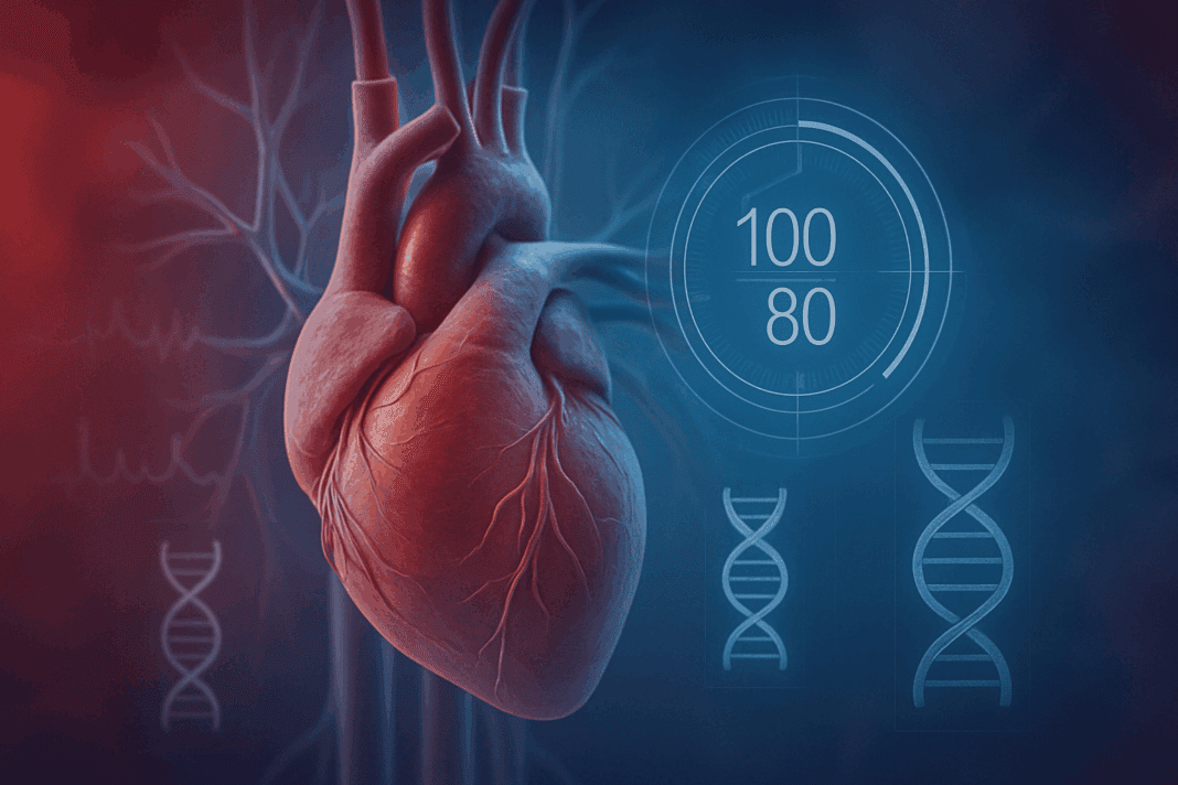 3D rendering of a human heart with blood vessels and digital overlays of blood pressure readings and DNA symbols, illustrating benign essential hypertension.