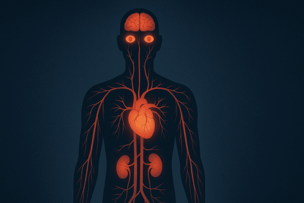 Human silhouette with highlighted heart, kidneys, brain, and eyes to illustrate organ damage from benign essential hypertension.