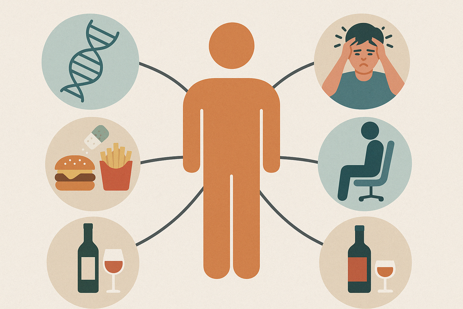 Infographic showing causes of benign essential hypertension with icons for genetics, poor diet, stress, sedentary lifestyle, and alcohol around a human figure