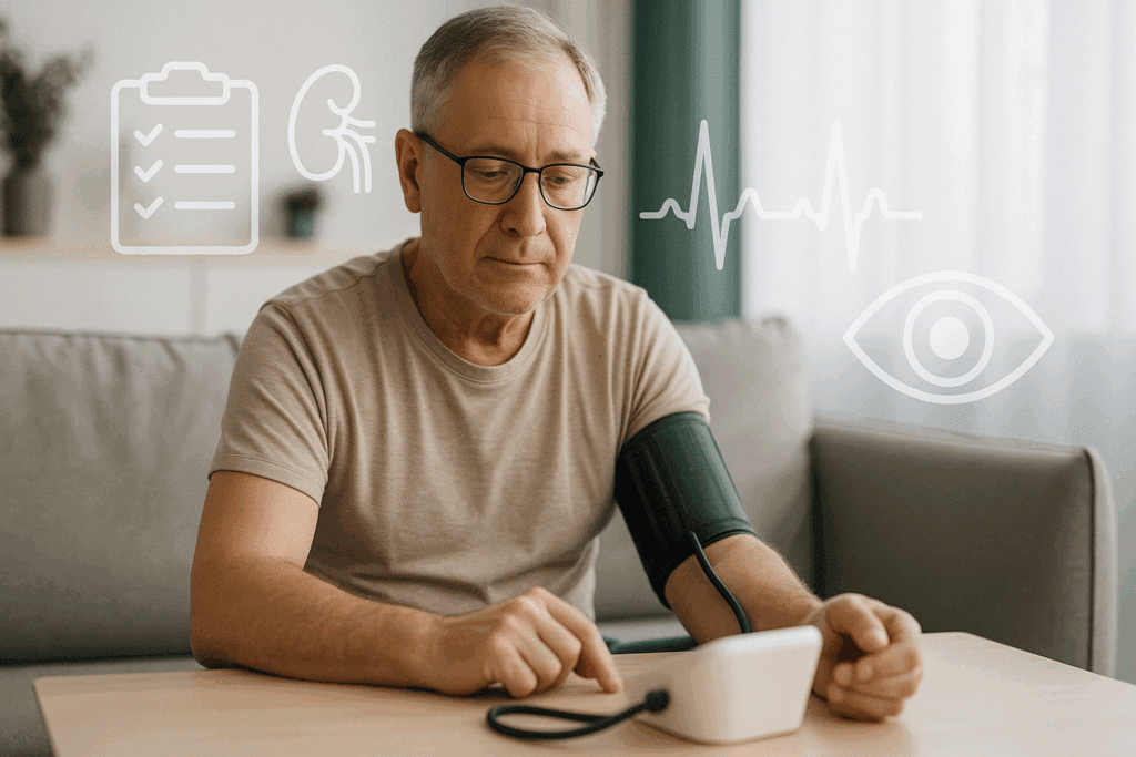 Senior man checking blood pressure at home using a digital monitor, illustrating self-monitoring and clinical evaluation for benign essential hypertension.