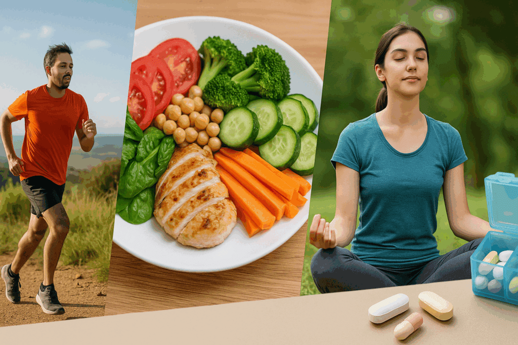 Healthy lifestyle strategies for managing benign essential hypertension, including running, DASH diet foods, meditation, and medication.