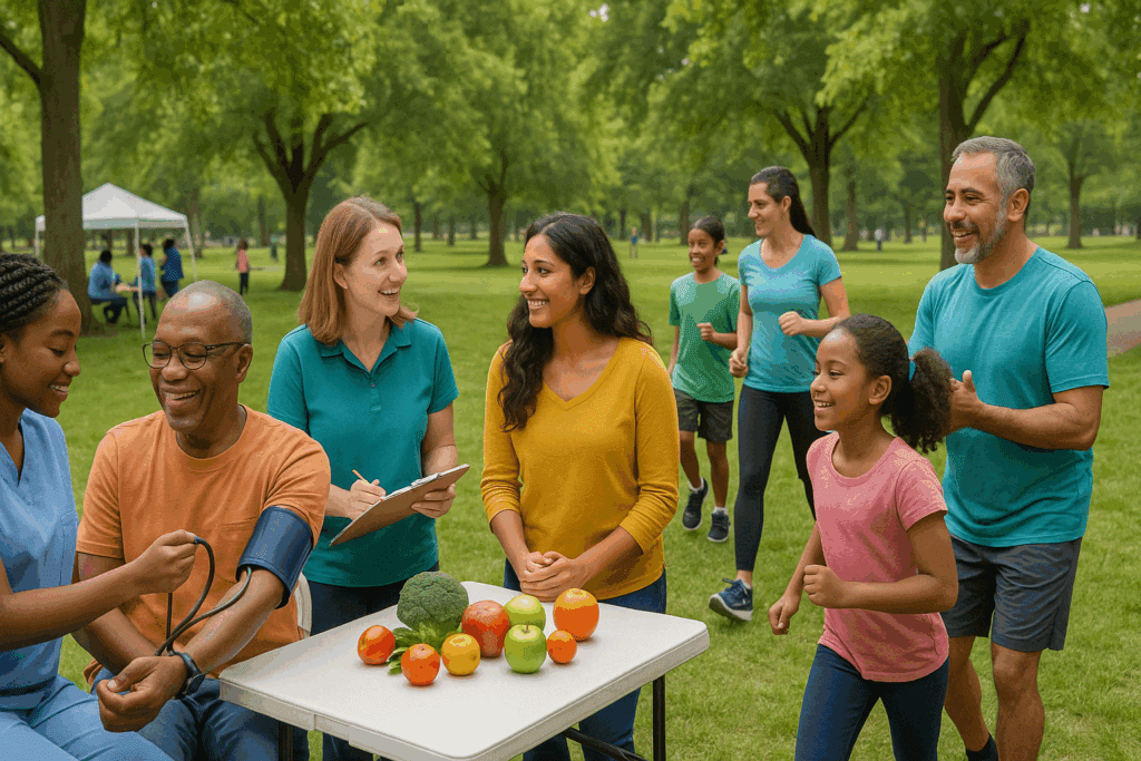 Multicultural community attending a public health fair with free blood pressure screenings, nutrition advice, and activities to raise awareness of benign essential hypertension
