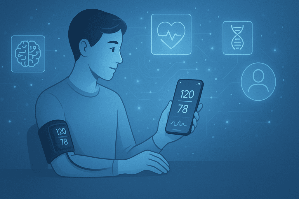 Person using wearable tech to monitor blood pressure, illustrating future healthcare innovations for managing benign essential hypertension.