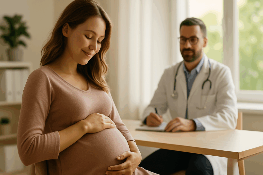 Pregnant woman gently touching her belly during a prenatal consultation, illustrating Best Blood Pressure Medication Options for Pregnant Women in a calm clinic setting