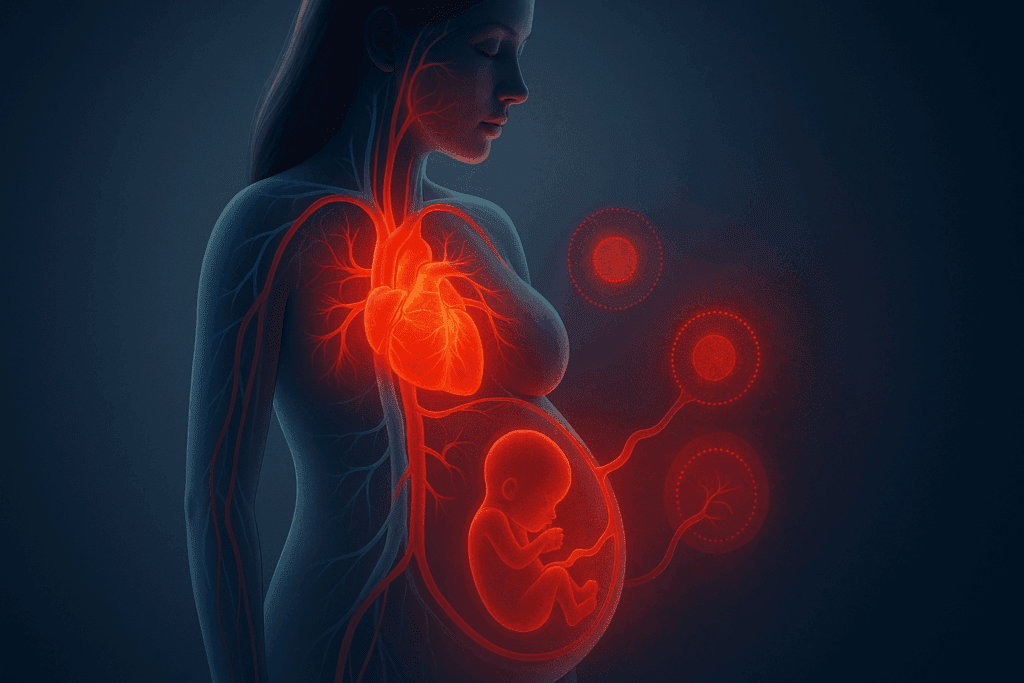 Pregnant woman with highlighted heart, blood vessels, placenta, and fetus showing circulatory risks, illustrating Best Blood Pressure Medication Options for Pregnant Women