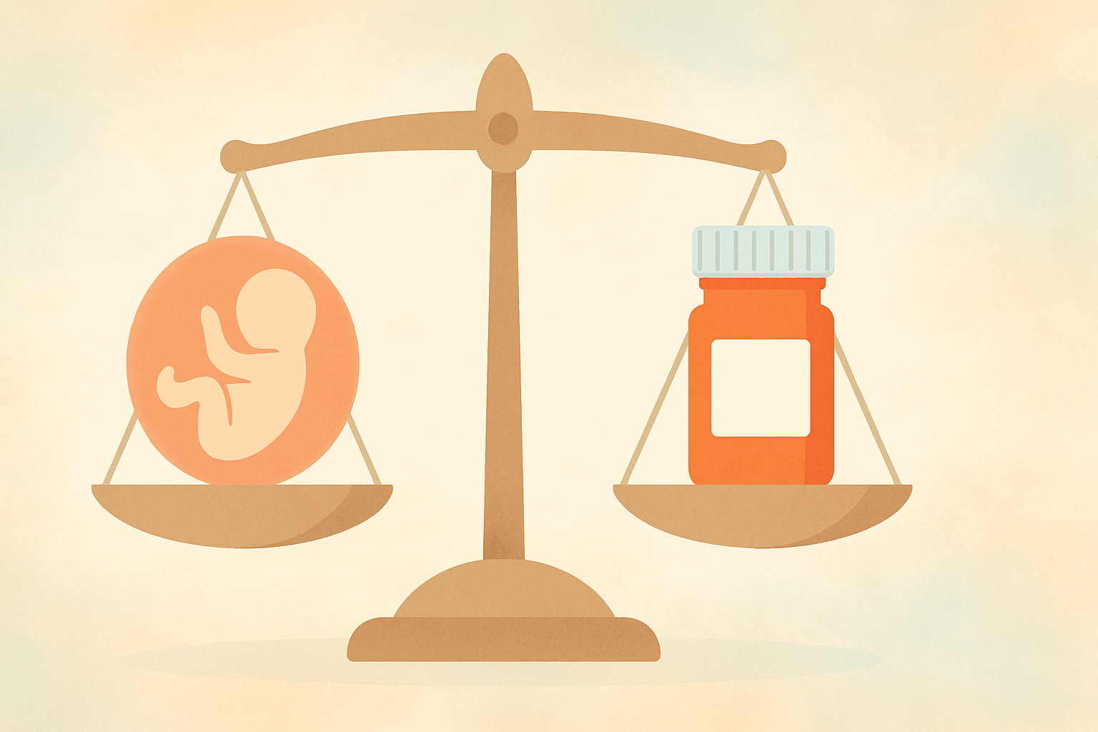 Balance scale weighing a fetus symbol against a pill bottle, symbolizing careful choice of Best Blood Pressure Medication Options for Pregnant Women.
