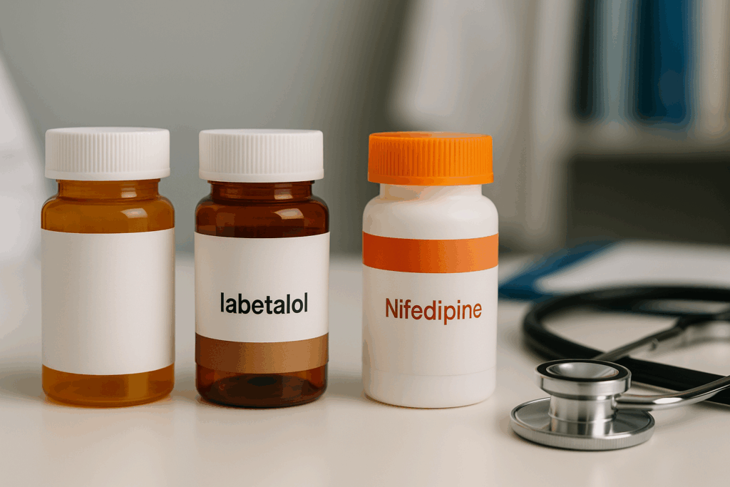 Three colorful prescription pill bottles representing methyldopa, labetalol, and nifedipine next to a stethoscope on a doctor's desk, illustrating the Best Blood Pressure Medication Options for Pregnant Women.