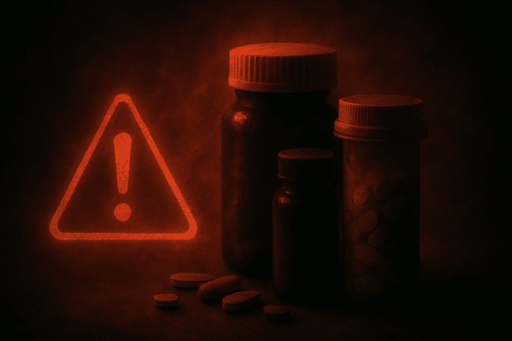 Red warning symbol next to unbranded pill bottles under dim lighting, illustrating dangers related to Best Blood Pressure Medication Options for Pregnant Women.