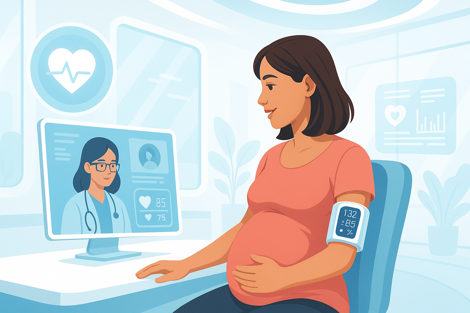 Pregnant woman using telemedicine and wearable technology to monitor hypertension, highlighting Best Blood Pressure Medication Options for Pregnant Women.