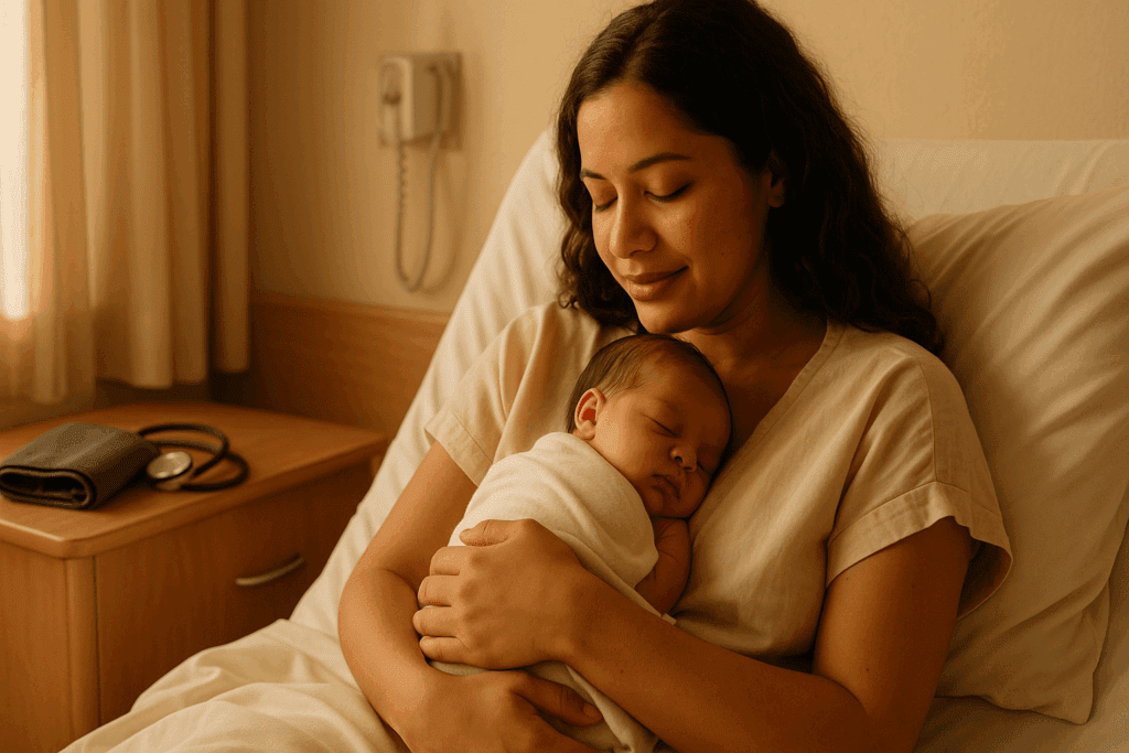 Mother holding newborn in a hospital room with a blood pressure cuff nearby, illustrating Best Blood Pressure Medication Options for Pregnant Women.