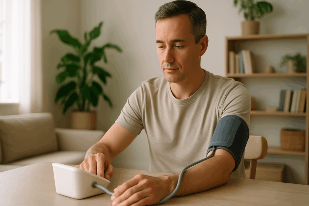 Man using one of the best high blood pressure readers at home, seated calmly with proper posture in a sunlit, healthy living space.