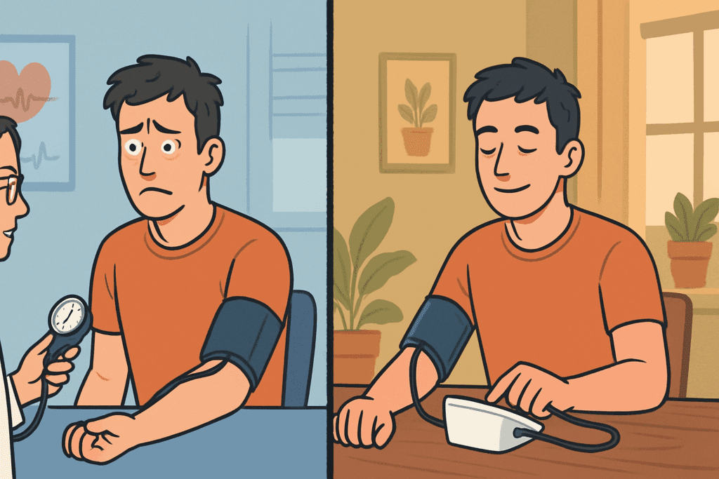Split-screen showing a stressed man getting his blood pressure taken in a clinic versus the same man calmly using one of the best high blood pressure readers at home.