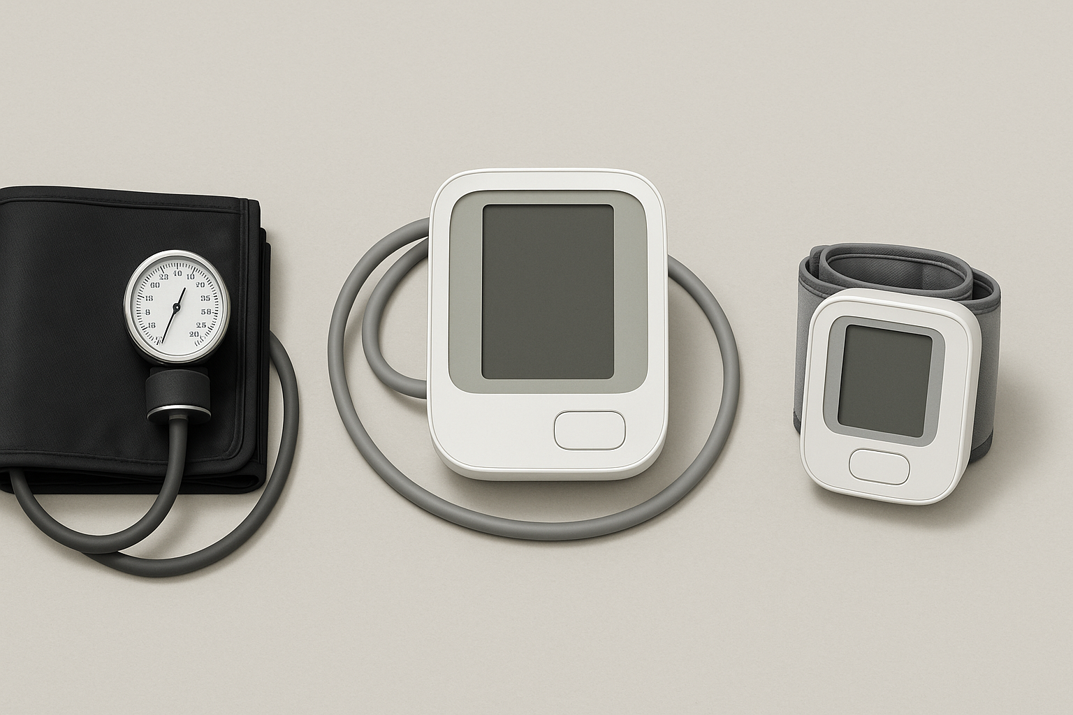 Three types of best high blood pressure readers shown: a manual arm cuff, an automatic upper arm monitor, and a wrist digital monitor on a neutral surface