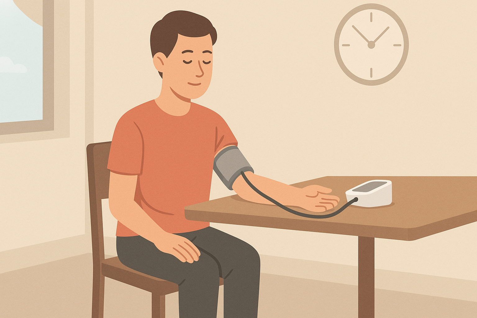 Person using one of the best high blood pressure readers at home while seated correctly with arm supported and cuff on bare arm in a calm setting