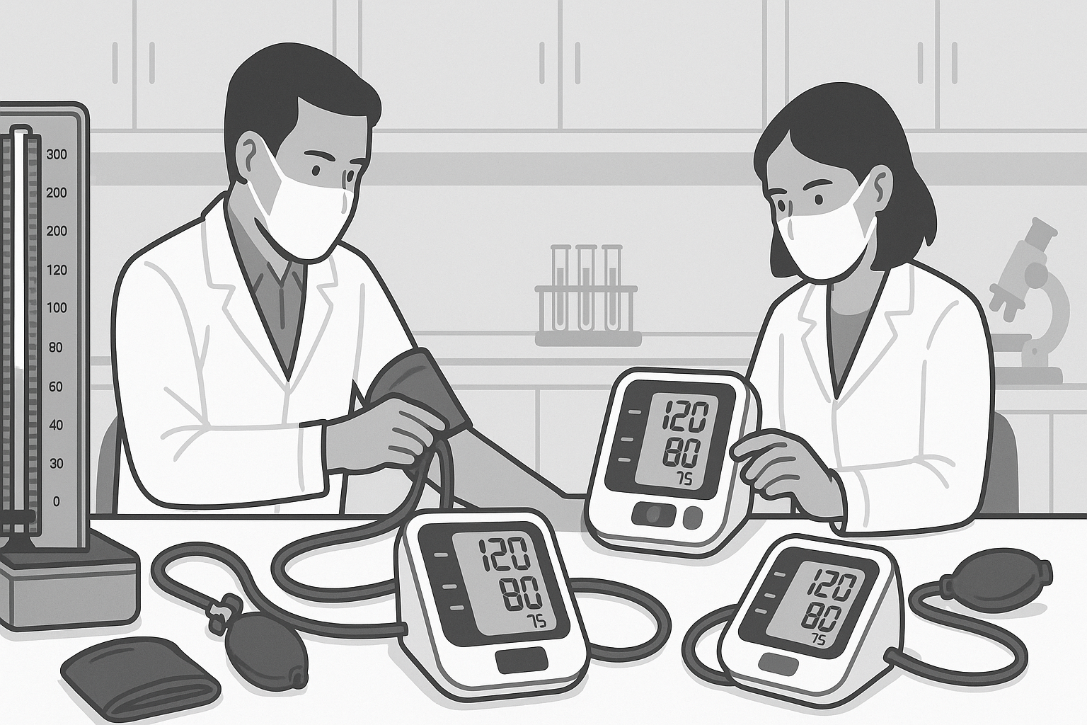 Scientists in a clinical lab testing digital blood pressure monitors against reference devices, illustrating best high blood pressure readers in a validation setting
