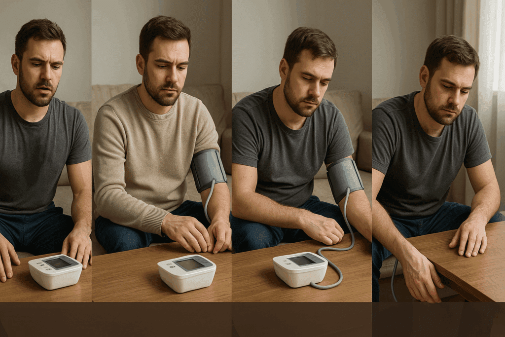 Slouched man incorrectly using one of the best high blood pressure readers, with cuff over clothing, post-exercise, and poor arm posture.