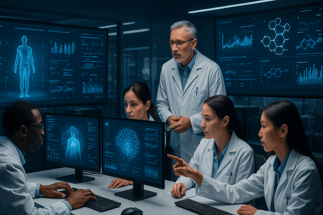 Scientists analyzing virtual clinical trial simulations and drug discovery pipelines in a futuristic lab, illustrating artificial intelligence in healthcare courses.