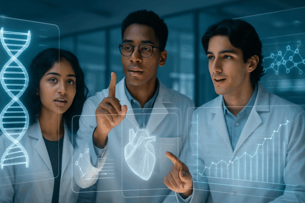 Young healthcare innovators using transparent screens to design AI-powered medical solutions, symbolizing artificial intelligence in healthcare courses