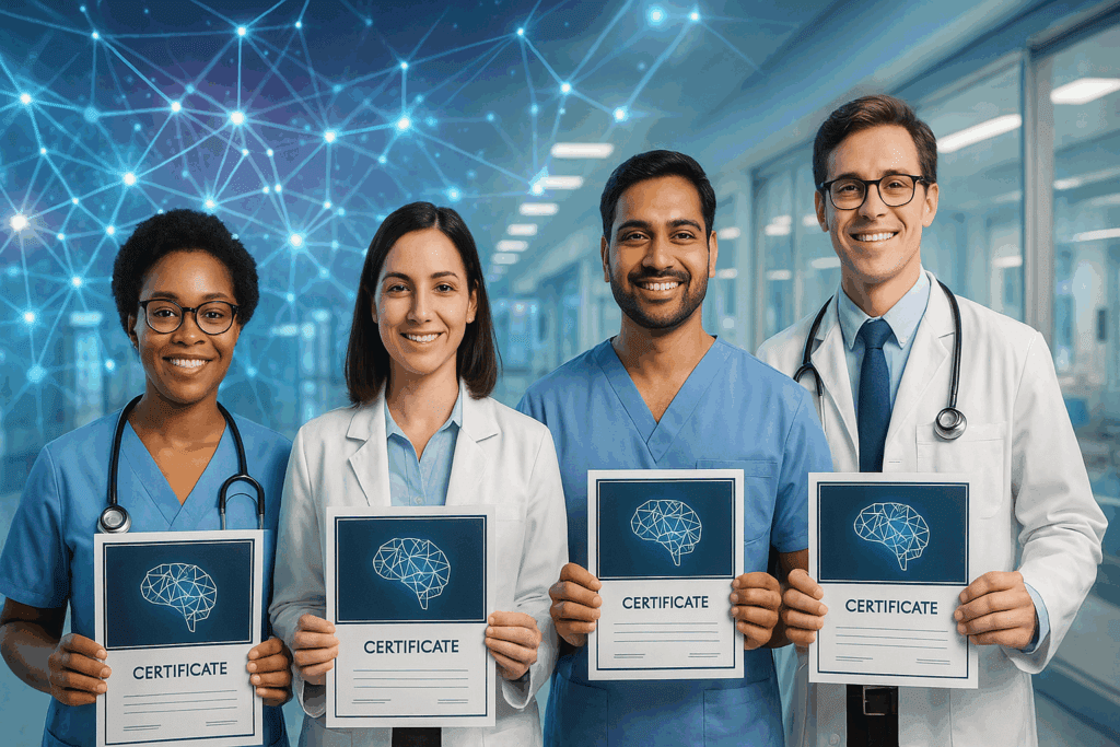 Diverse graduate students in a college classroom using laptops and VR to study human anatomy and data models during artificial intelligence in healthcare courses.