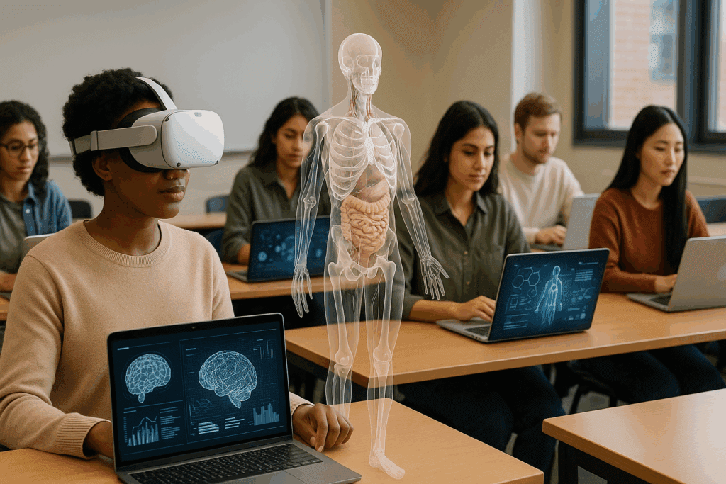 Diverse healthcare professionals proudly holding digital certificates after completing artificial intelligence in healthcare courses, standing in a futuristic hospital with neural network visuals in the background.