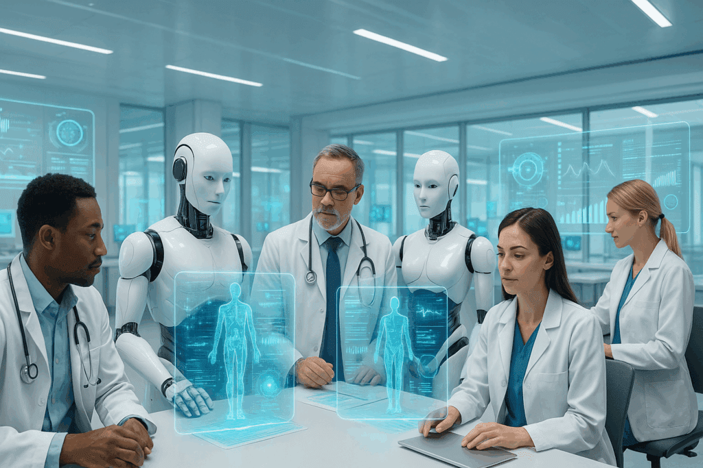 Futuristic healthcare research lab where doctors collaborate with AI robots and data holograms, symbolizing artificial intelligence in healthcare courses.