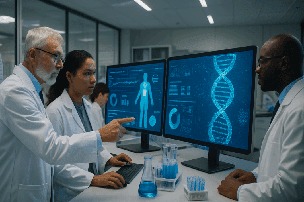 Diverse scientists analyzing biometric data and DNA sequencing in a high-tech lab, symbolizing innovation for a Breakthrough Diabetes Research Paper.