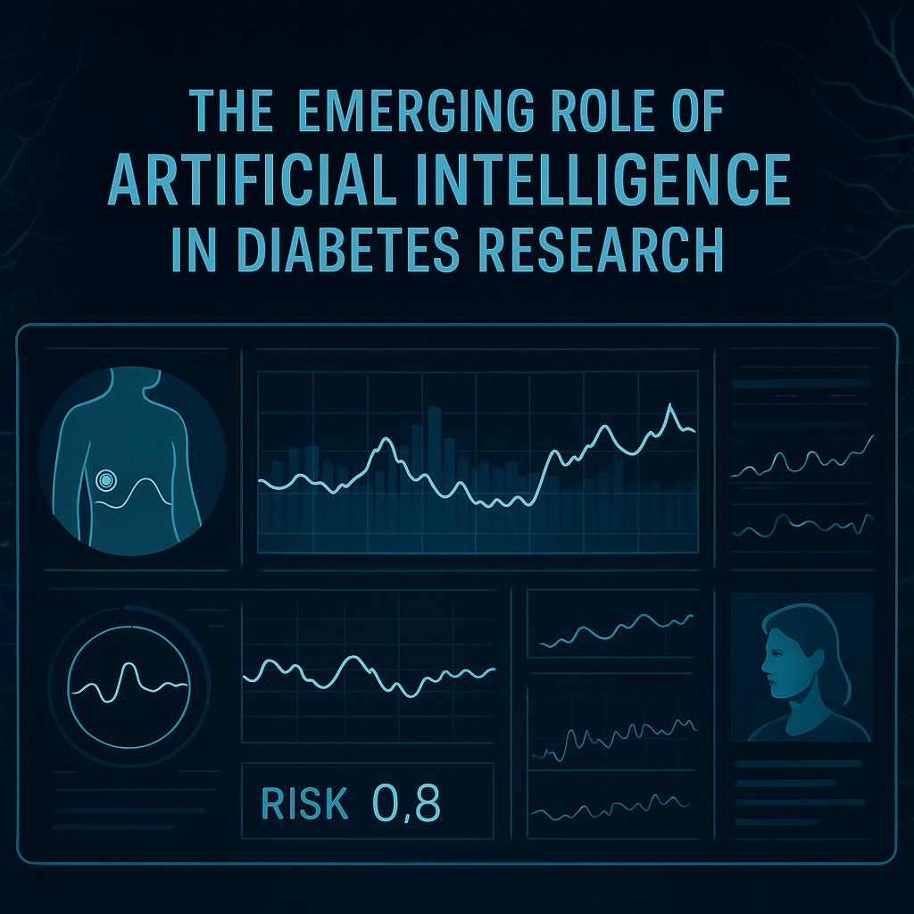 Futuristic health analytics dashboard with real-time glucose graphs, AI neural networks, and patient biometrics featured in a Breakthrough Diabetes Research Paper.