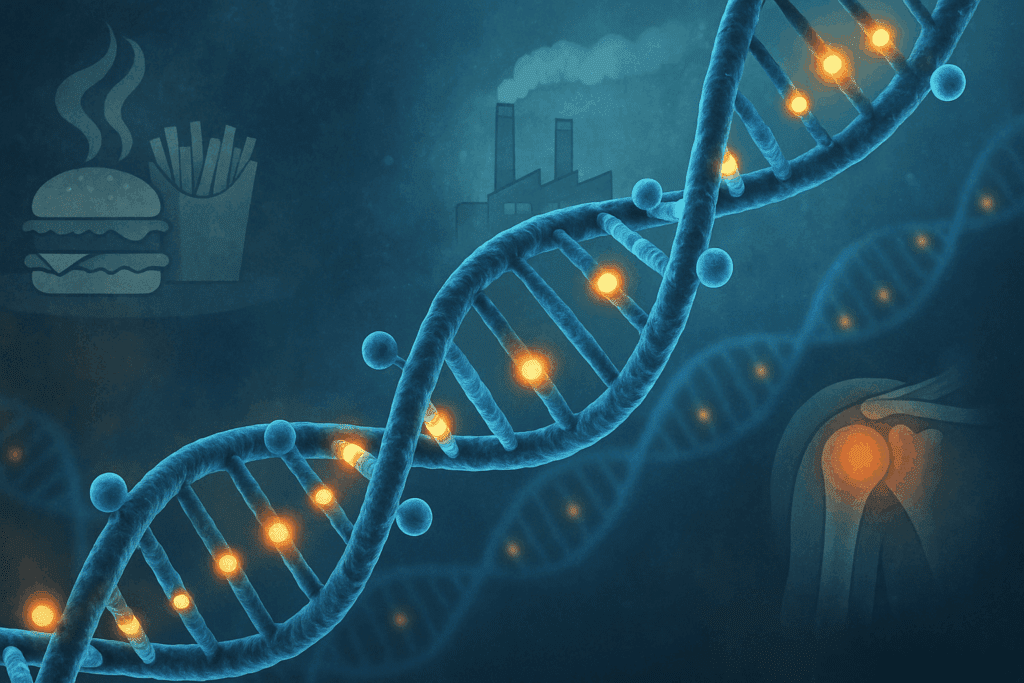 DNA strands with glowing epigenetic markers influenced by diet, pollution, and inflammation, illustrating findings from a Breakthrough Diabetes Research Paper.