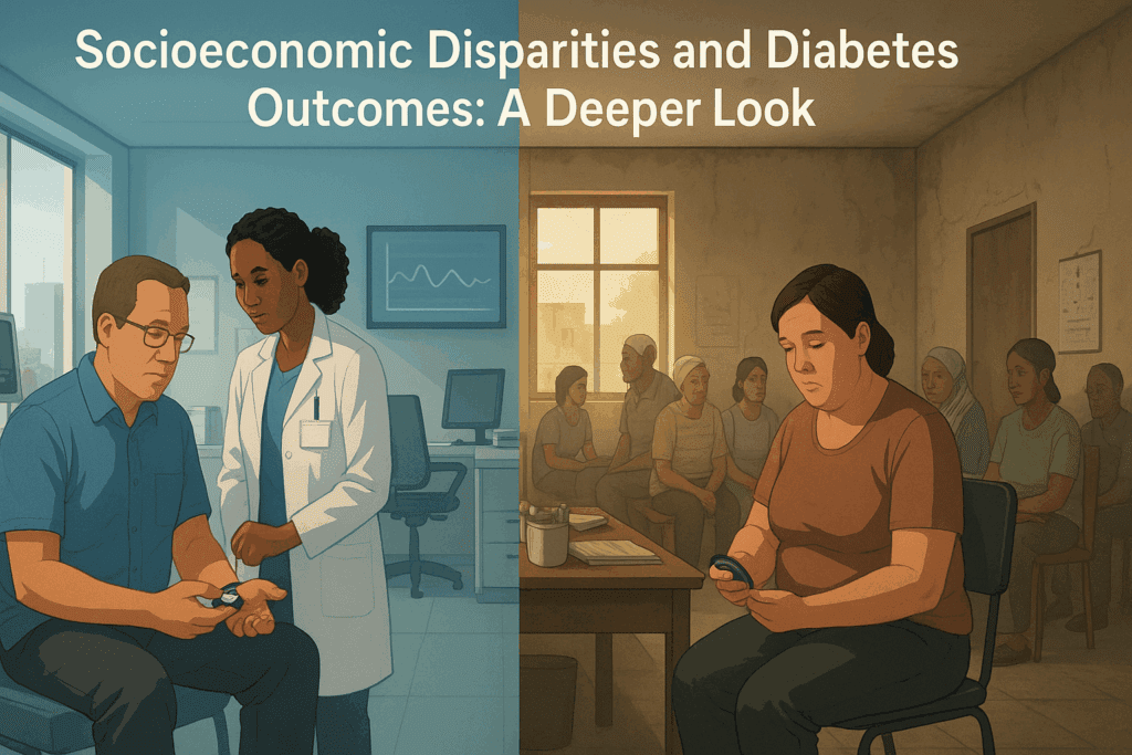 Split-screen illustration contrasting diabetes care in a modern urban hospital and an under-resourced clinic, highlighting inequality for a Breakthrough Diabetes Research Paper.