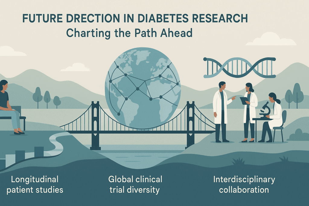 Conceptual infographic landscape visualizing a breakthrough diabetes research paper with symbolic bridges, global networks, and interdisciplinary collaboration scenes.