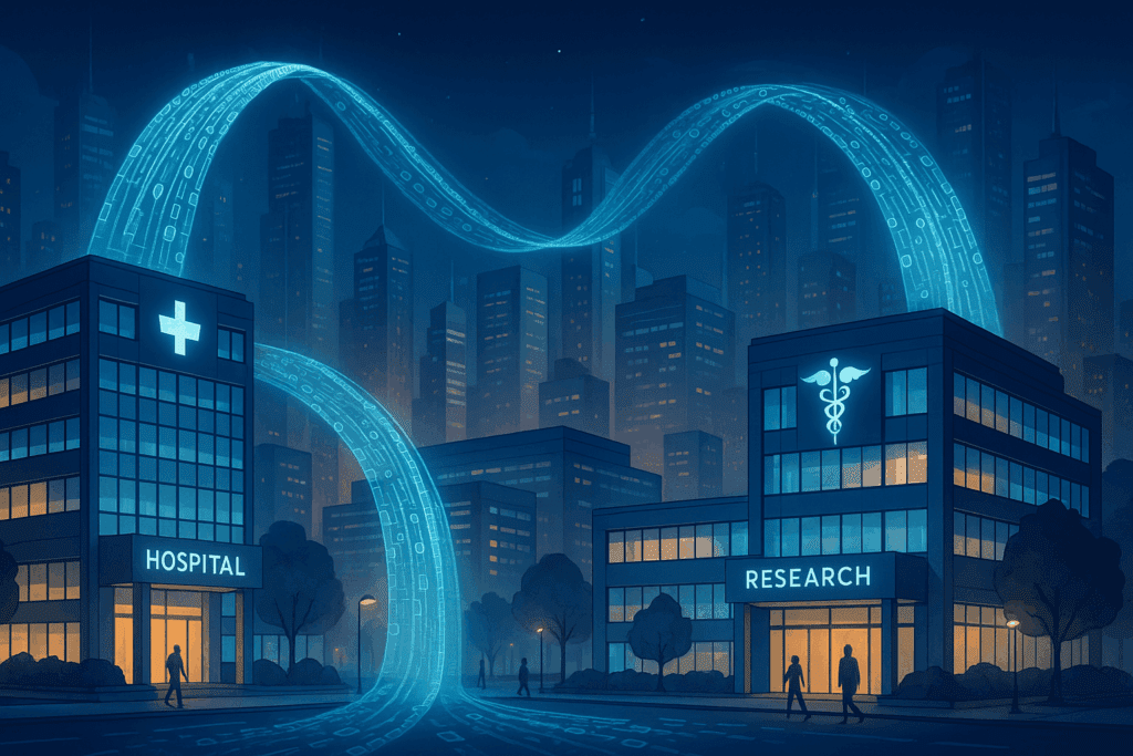 Futuristic cityscape showing hospitals and research centers powered by ethical AI, addressing ethical issues with AI in healthcare innovation.