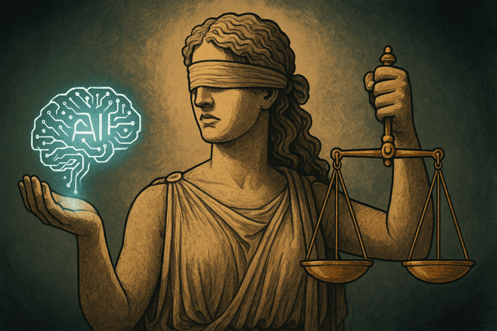 Blindfolded figure holding a glowing AI brain and golden scales, symbolizing ethical issues with AI around trust, transparency, and justice.