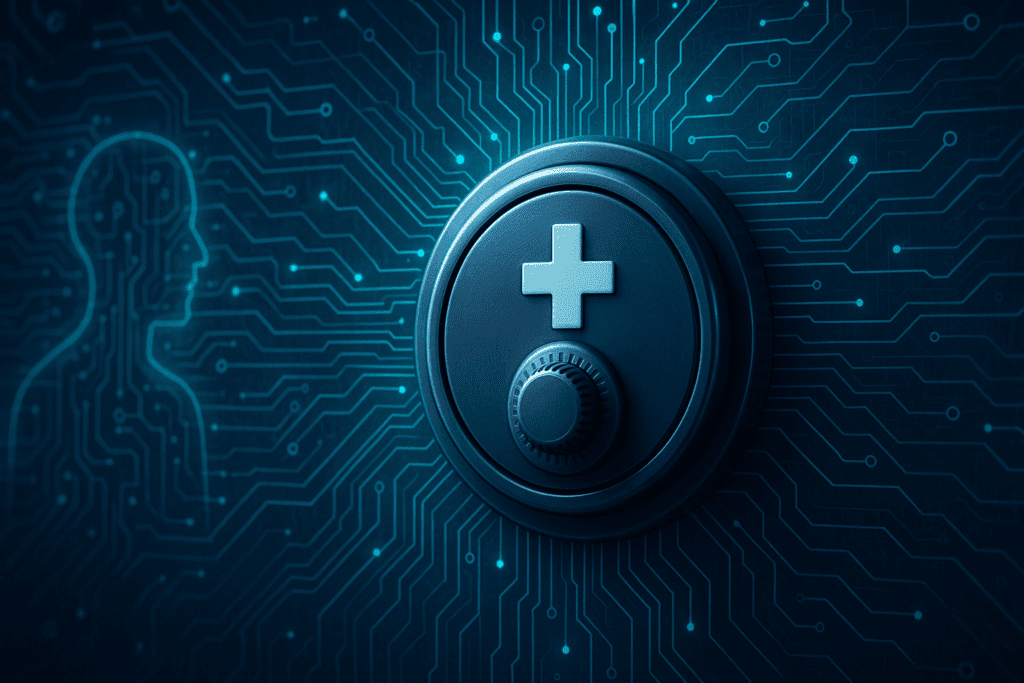 Secure digital vault locking sensitive patient data, surrounded by holographic circuits, illustrating ethical issues with AI in healthcare.