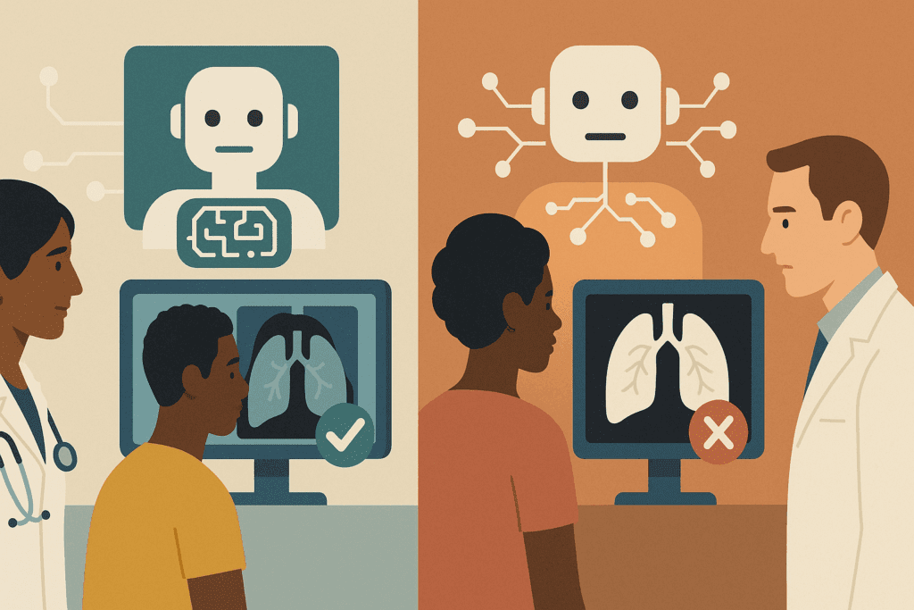 Illustration showing ethical issues with AI in healthcare, contrasting fair and biased medical diagnoses across diverse patients.