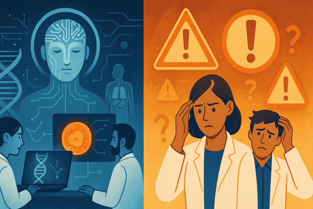 Split scene showing AI-driven medical breakthroughs contrasted with ethical issues with AI through warning signs and confused scientists.