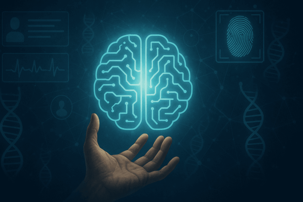 Human hand reaching toward a glowing AI brain surrounded by DNA strands, biometric scans, and digital health records, symbolizing ethical issues with AI in medical technology.