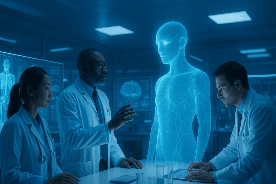 Doctors collaborating with holographic AI systems in a futuristic medical lab, symbolizing innovation and ethical issues with AI in healthcare.