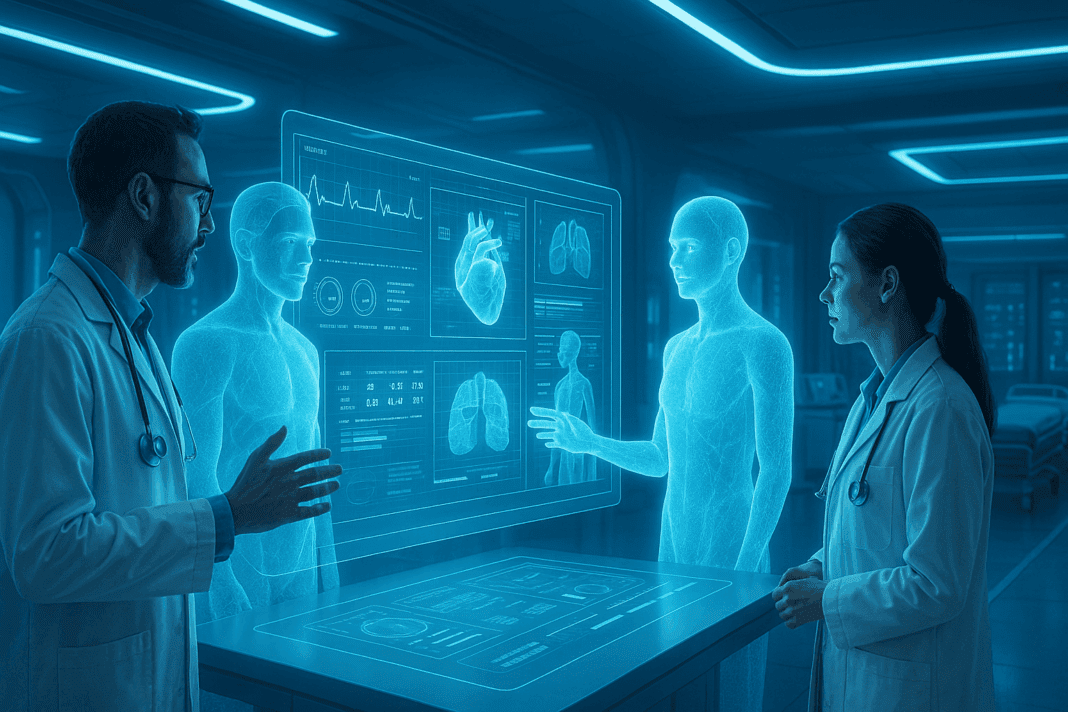 Doctors collaborating with AI holograms around a digital medical dashboard in a futuristic hospital, illustrating ai trends in healthcare.