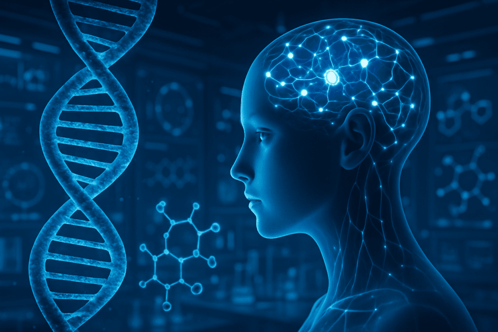 Conceptual digital rendering showing ai trends in healthcare, with an artificial intelligence analyzing DNA strands and molecular structures in a futuristic lab.
