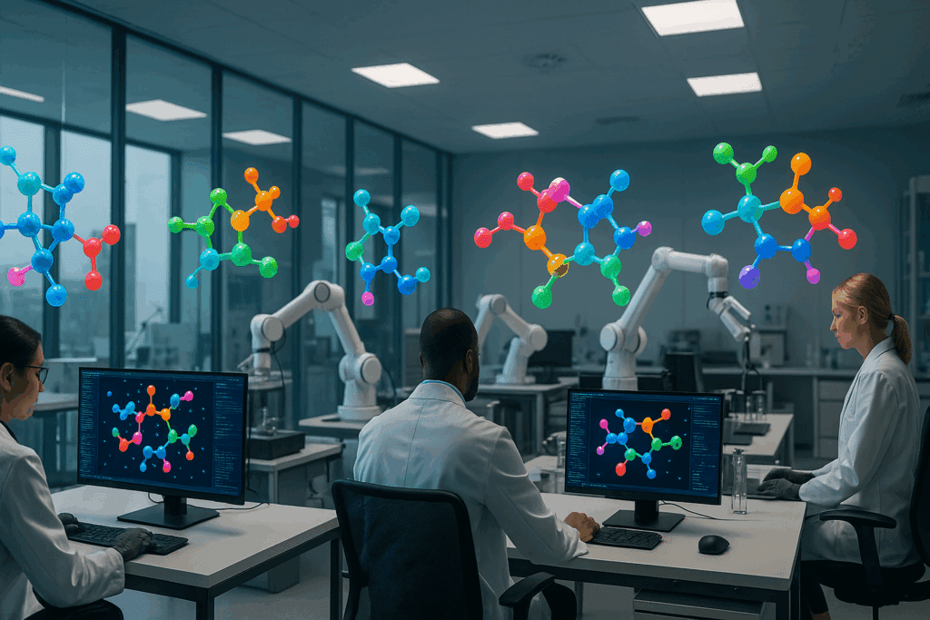 Scientists using robotic arms and AI computers to study molecular models for drug discovery, illustrating ai trends in healthcare.
