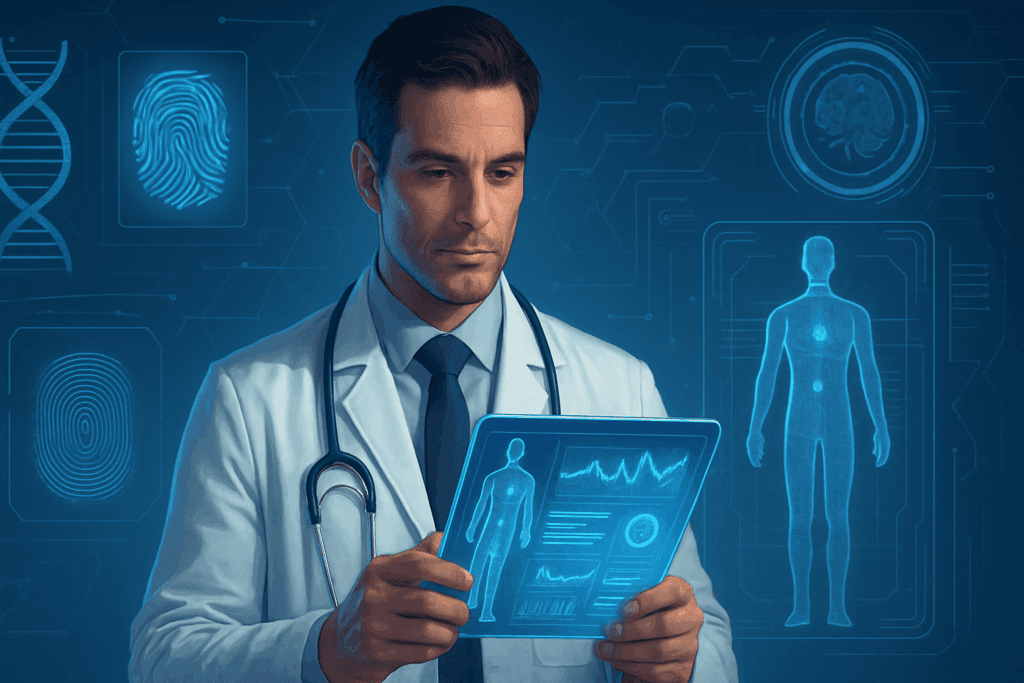 Doctor analyzing a holographic health report with biometric data and DNA charts, illustrating AI trends in healthcare.